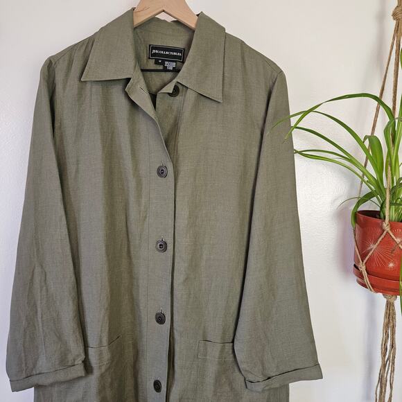 Linen Long‎ Trench Jacket M Olive Green Button Front Lagenlook - Picture 4 of 10